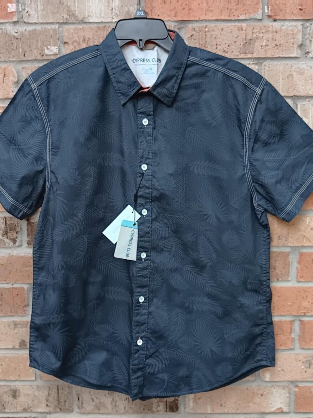 Cypress Club Mens Shirt Button Up Front Short Sleeve Charcoal Bamboo Leaf Size M